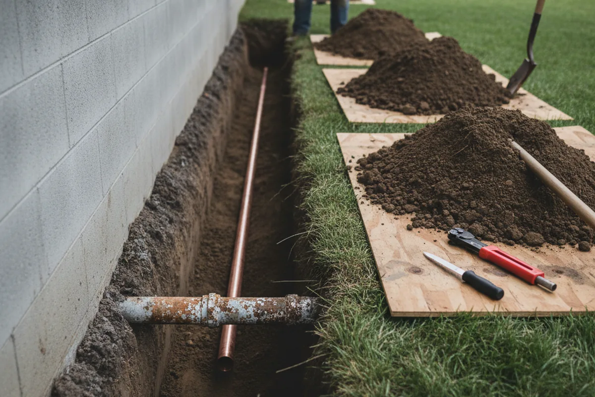 Excavated water line trench during Water Heater Repair in Penney Farms